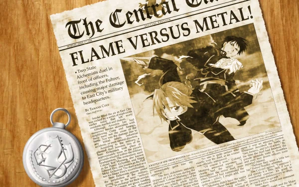A vintage newspaper featuring Roy Mustang and Edward Elric from Anime Fullmetal Alchemist, showcasing the headline Flame Versus Metal. Complements any HD PC desktop wallpaper collection.
