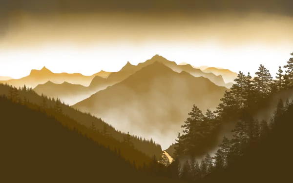 Artistic vector landscape of misty layered mountains and dense forest at golden sunrise — 8K Ultra HD PC desktop wallpaper and background.