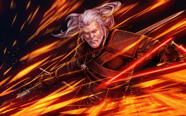 Geralt of Rivia from The Witcher 3: Wild Hunt in dynamic action, surrounded by fiery streaks, rendered in vivid 4K Ultra HD for PC desktop wallpaper.