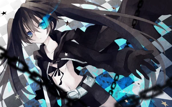 HD PC desktop wallpaper featuring Black Rock Shooter in anime style, showcasing her iconic black outfit, blue eye flame, and dynamic background elements.
