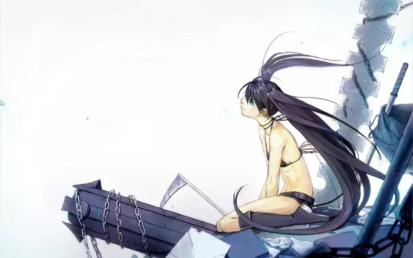 Anime — Black Rock Shooter, 2K Quad HD PC desktop wallpaper: the character in a black bikini sits on broken machinery, long dark hair trailing against a pale sky.