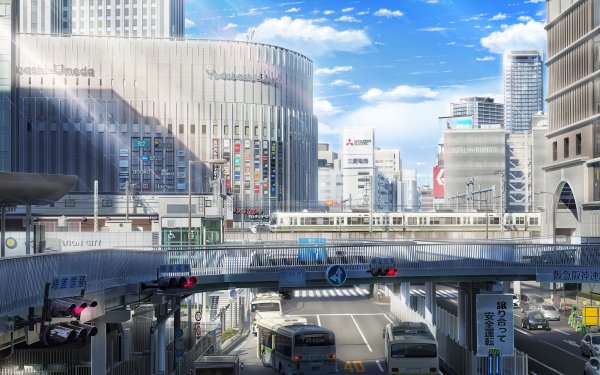 Anime City Building Bus HD Wallpaper | Background Image