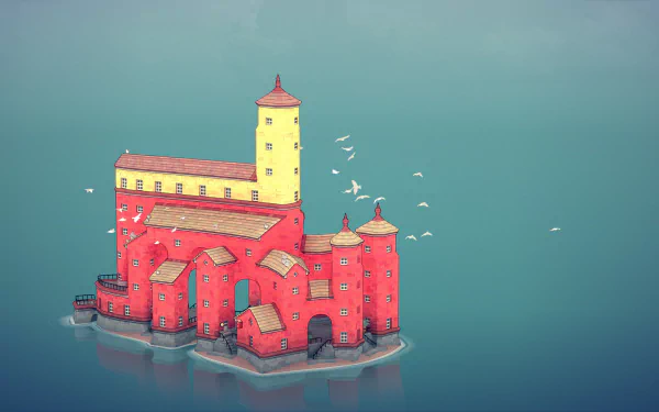 HD desktop wallpaper featuring a whimsical red structure from Townscaper on a serene water backdrop, with birds flying around.