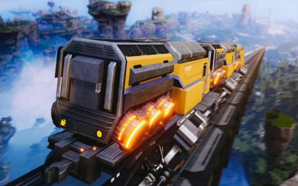 HD wallpaper of a futuristic train traversing a high railway in a scenic landscape, tagged as satisfactory for a desktop background.