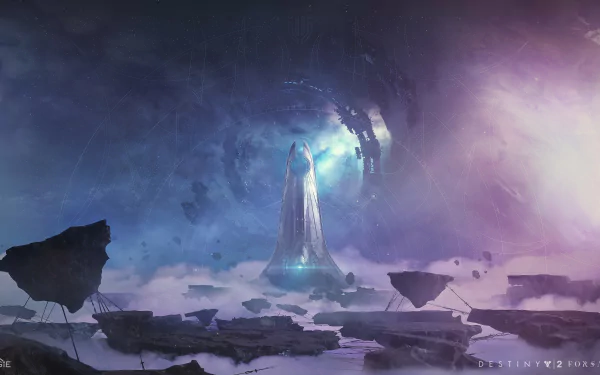 4K Ultra HD Destiny 2 PC desktop wallpaper featuring a mysterious cloaked figure standing on floating rocky platforms under a cosmic sky.