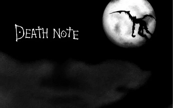 HD desktop wallpaper of the anime Death Note featuring a dark sky, a full moon, and a silhouette of a character flying, with the series title displayed in stylized font.