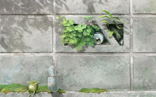 HD desktop wallpaper featuring an artistic anime-style image of a frog near a clover plant and a water bottle, set against textured stone tiles.