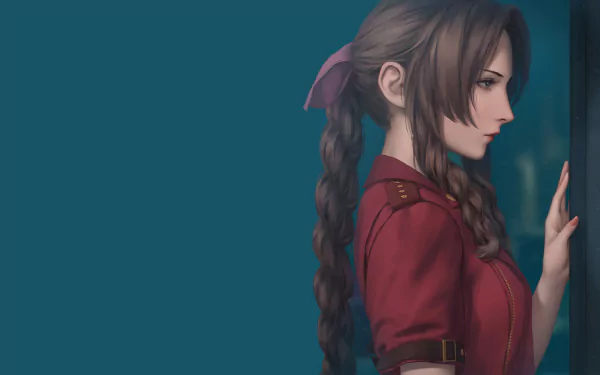 Side-profile portrait of Aerith Gainsborough from the video game Final Fantasy VII, braided hair and red dress against a teal 2K Quad HD PC desktop wallpaper/background.