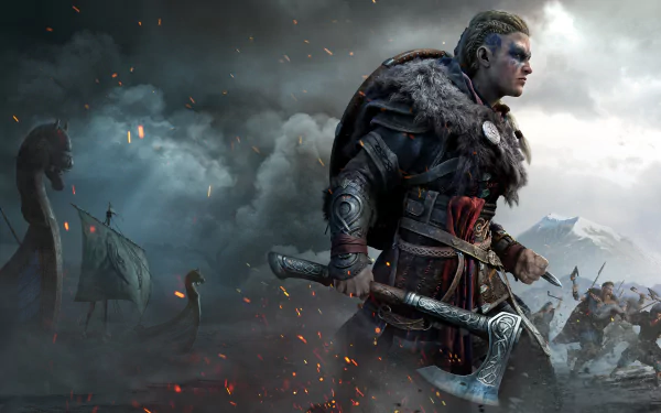 Eivor from Assassin's Creed Valhalla, fur-clad Viking warrior gripping an axe on a smoky shoreline with longships and embers — 8K Ultra HD PC desktop wallpaper.