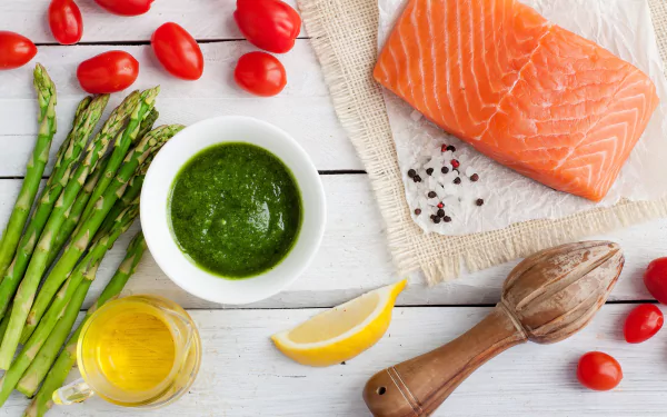 fish asparagus salmon tomato food still life HD Desktop Wallpaper | Background Image