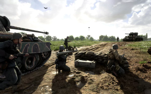 HD desktop wallpaper from Hell Let Loose featuring soldiers with tanks on a battlefield under a cloudy sky.