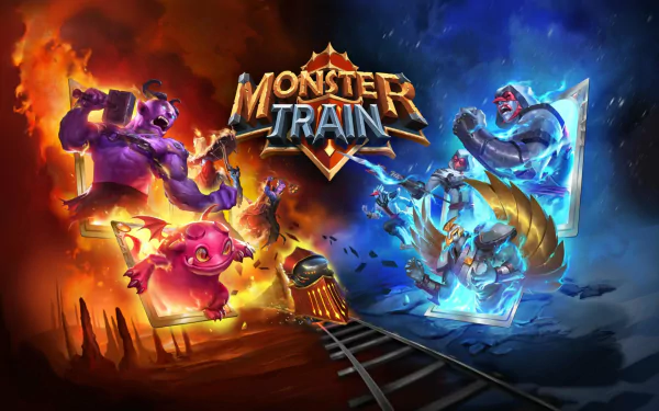 HD desktop wallpaper featuring colorful characters from Monster Train battling on and around a fantastical train.