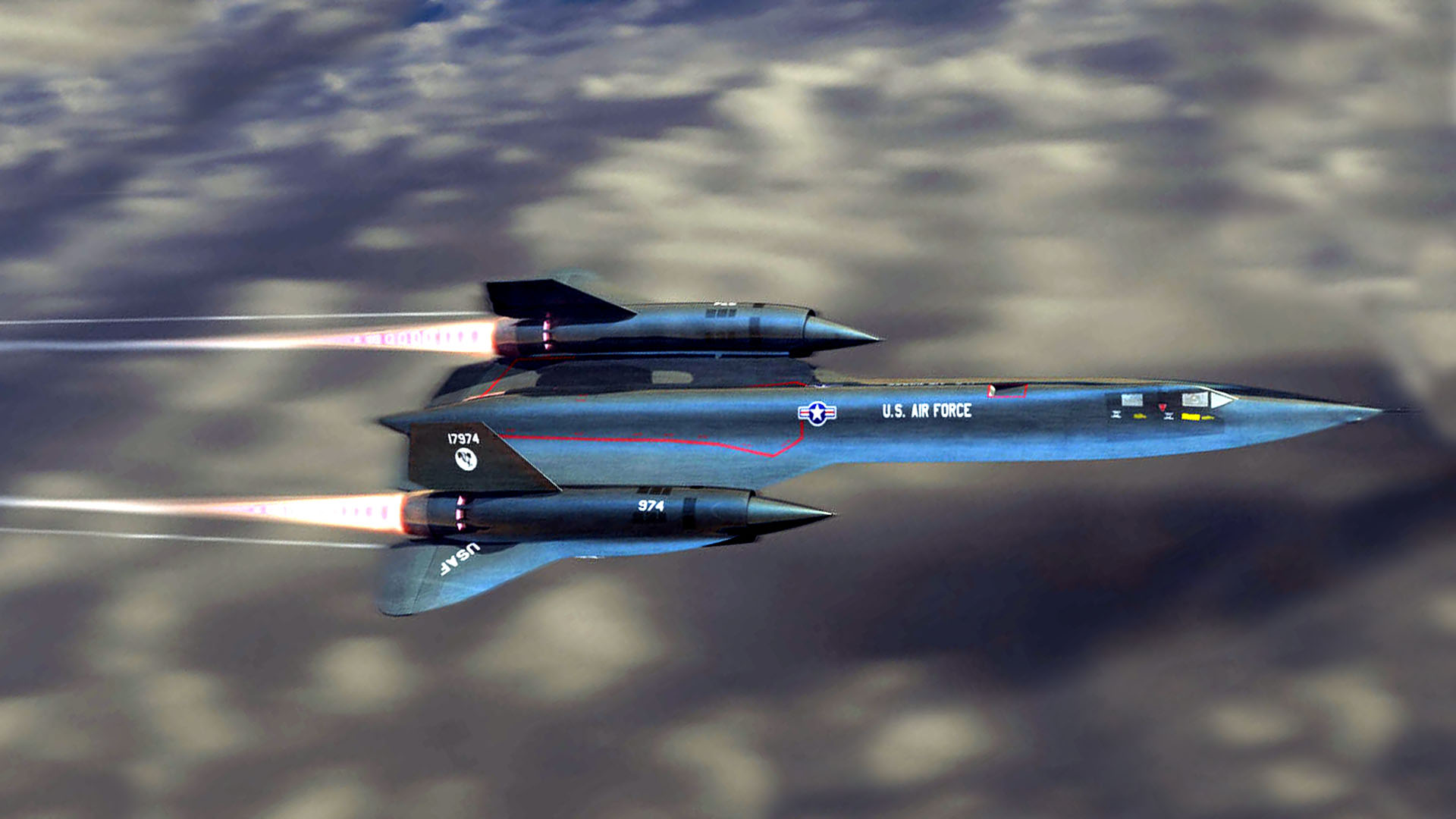 SR-71 Blackbird aircraft soaring in the sky with afterburners engaged