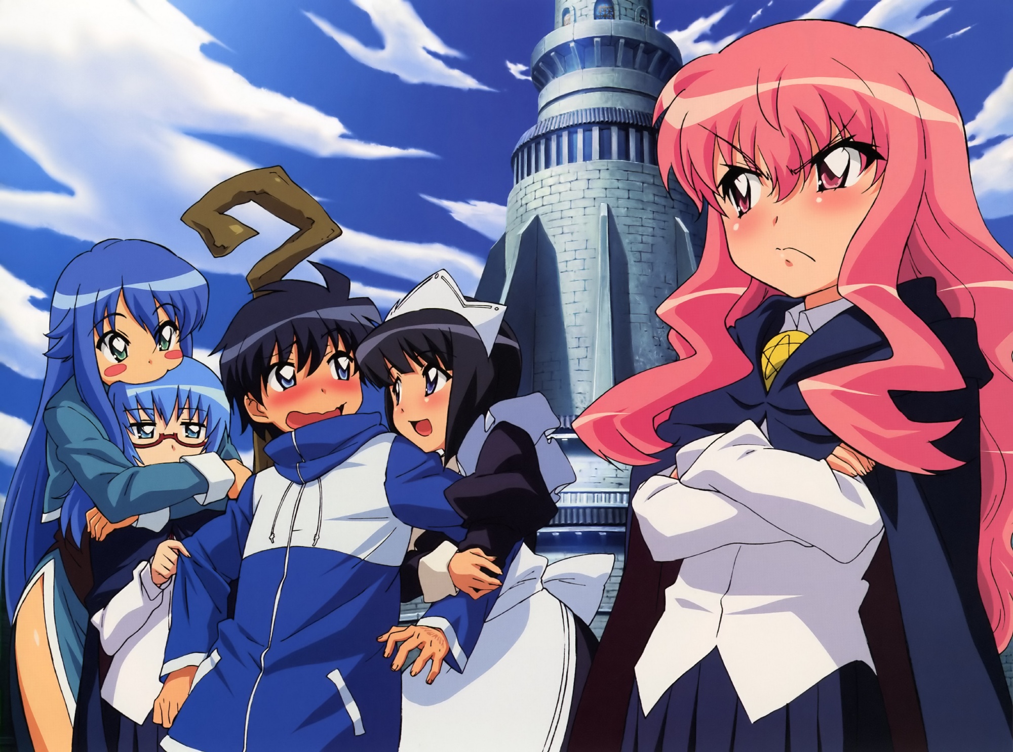 Anime characters from Zero No Tsukaima series: Tabitha, Saito, Sylphid, Siesta, and Louise.