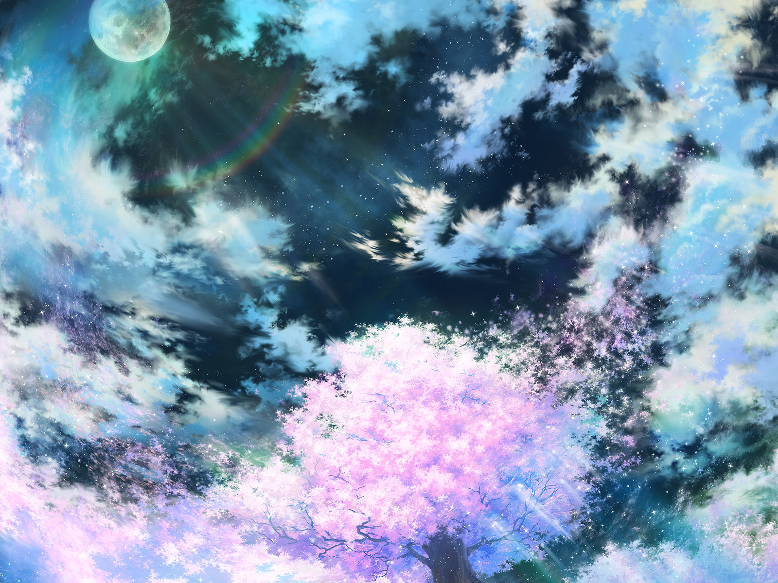 Anime-style night landscape with blossoming sakura tree under a moonlit sky