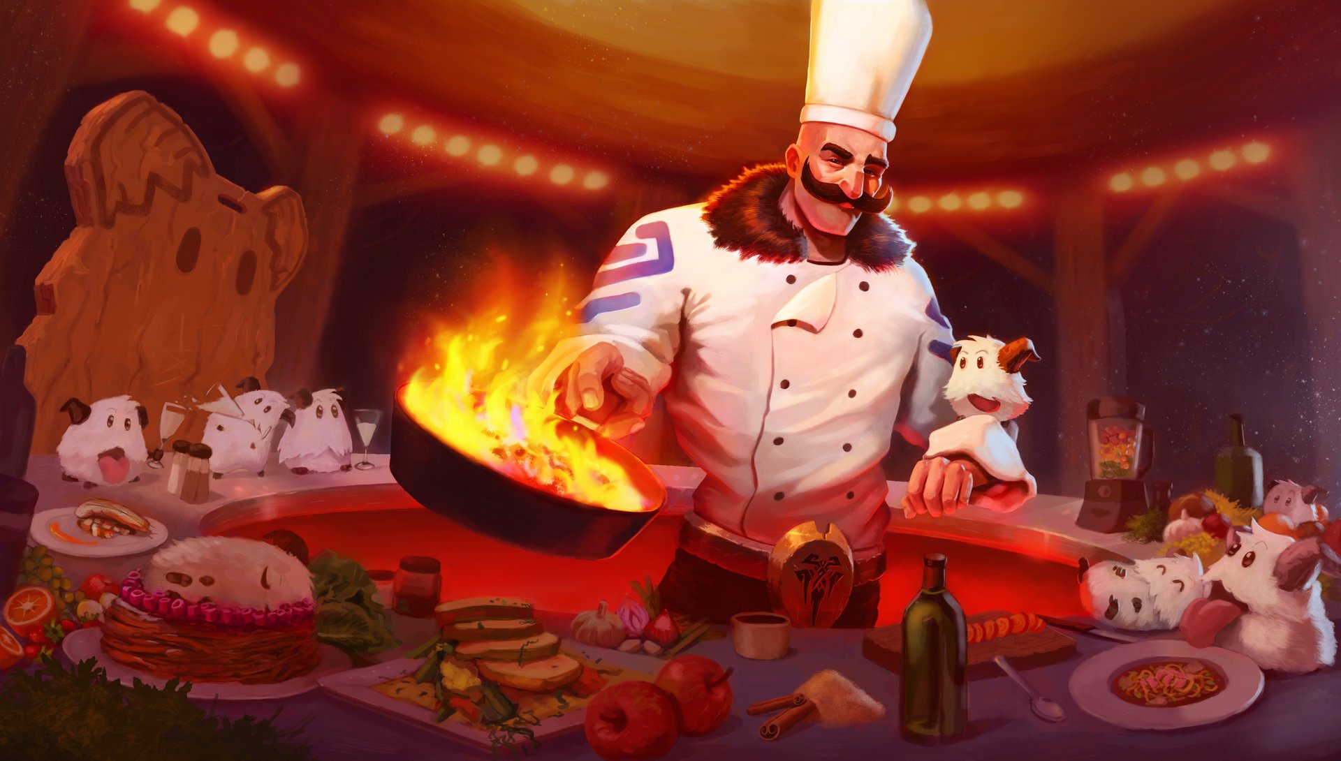 HD PC desktop wallpaper featuring Braum from League of Legends in a chef outfit surrounded by Poros and an assortment of food, capturing a playful video game scene.