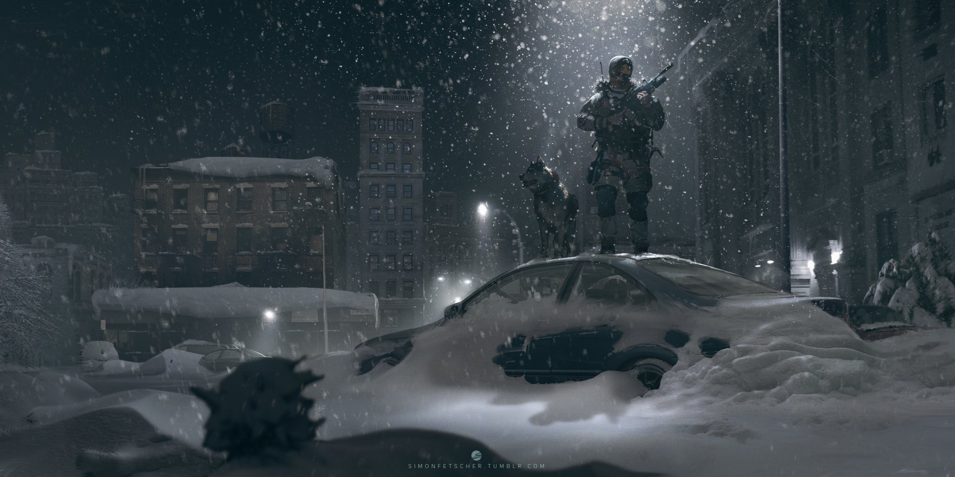 A winter scene captures soldiers standing atop a snow-covered car during a night snowfall, blending military elements with an artistic portrayal of a serene, snowy landscape.