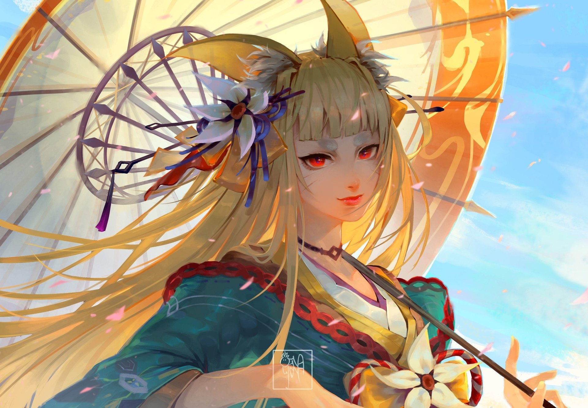 Blonde anime character with animal ears and red eyes wearing a kimono, holding an umbrella. Background features a clear blue sky. This HD wallpaper creates a captivating and serene atmosphere.