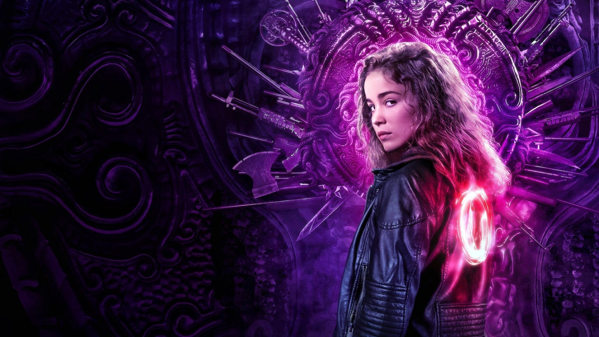 HD wallpaper of Warrior Nun with a female character in a leather jacket against a mystical purple background with glowing symbols.