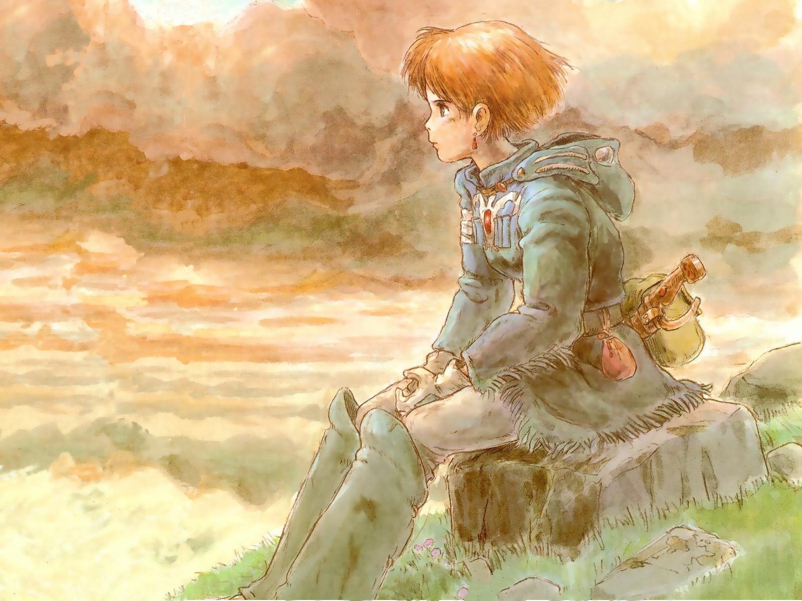 Anime HD PC desktop wallpaper from Nausicaa of the Valley of the Wind: Nausicaa sits on a rock, gazing over a misty, orange-lit expanse of clouds.