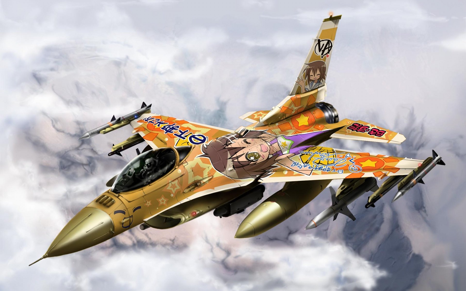 HD anime-style desktop wallpaper featuring a military jet decorated with vibrant Lucky Star characters and designs, flying through cloudy skies.