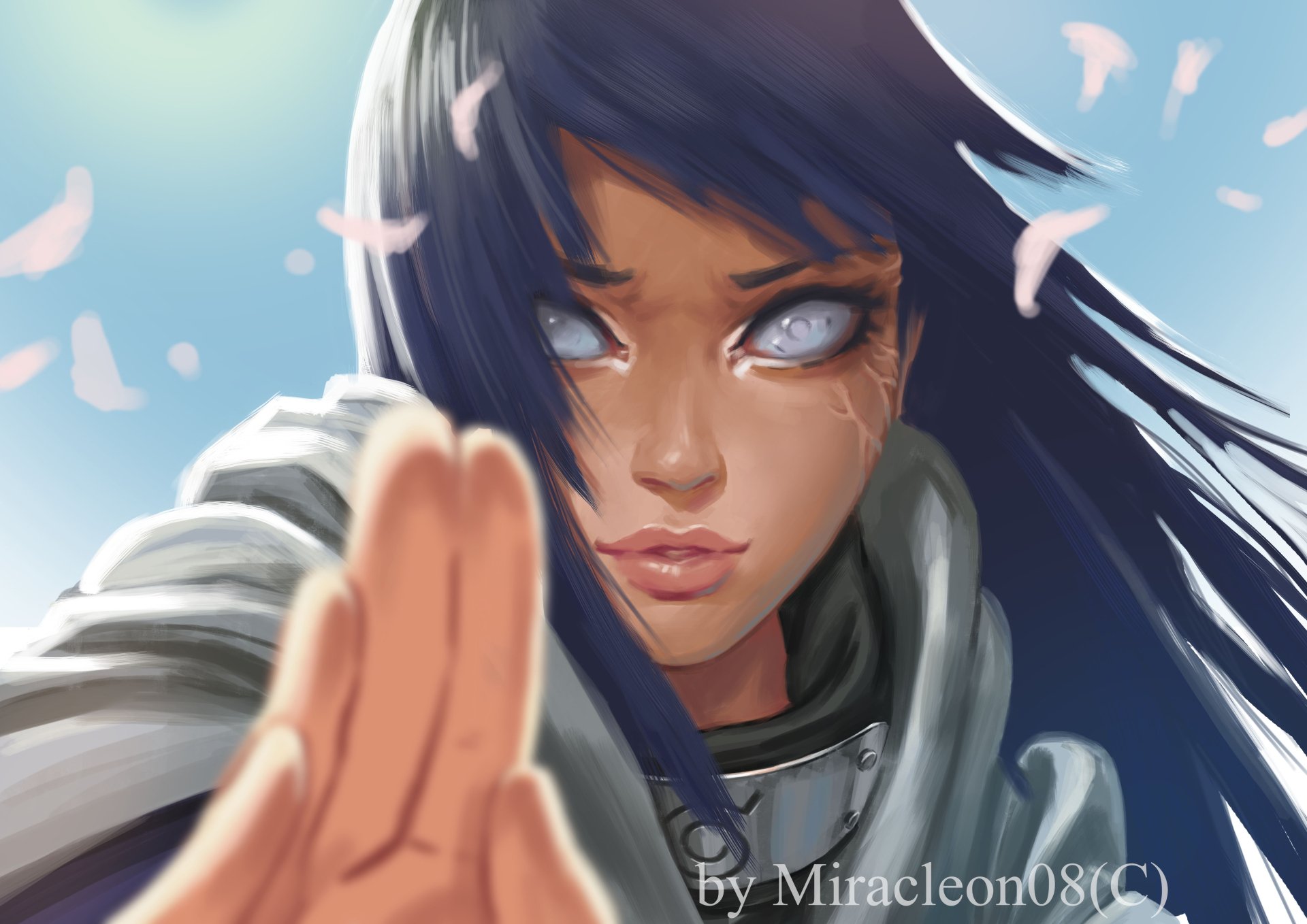 4K Ultra HD anime wallpaper featuring Hinata Hyuga from Naruto, showcasing her intense gaze with activated Byakugan against a soft blue sky and floating petals.