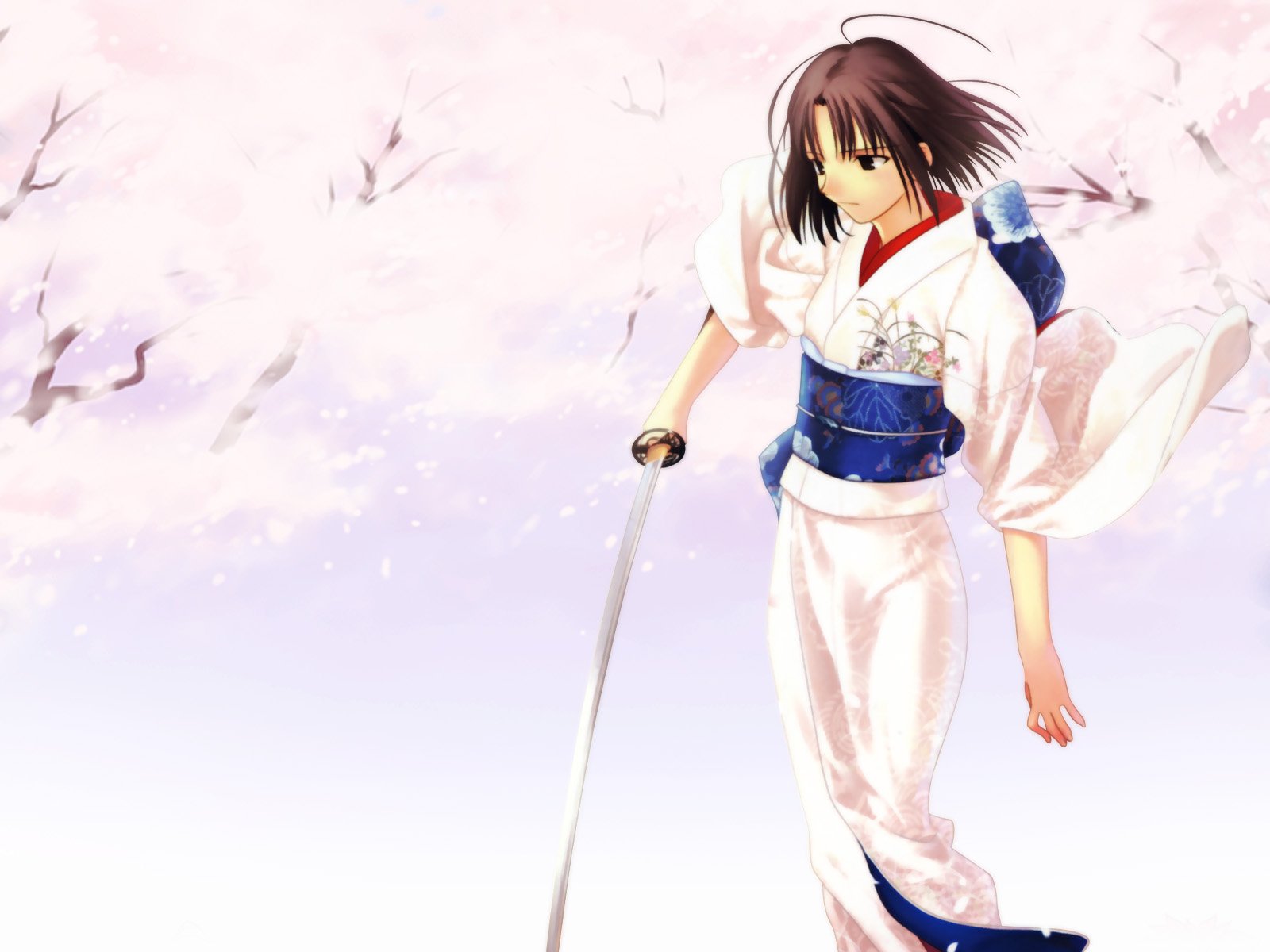 HD PC desktop wallpaper featuring an anime character from The Garden of Sinners in traditional attire, holding a sword amid soft pink cherry blossom petals.
