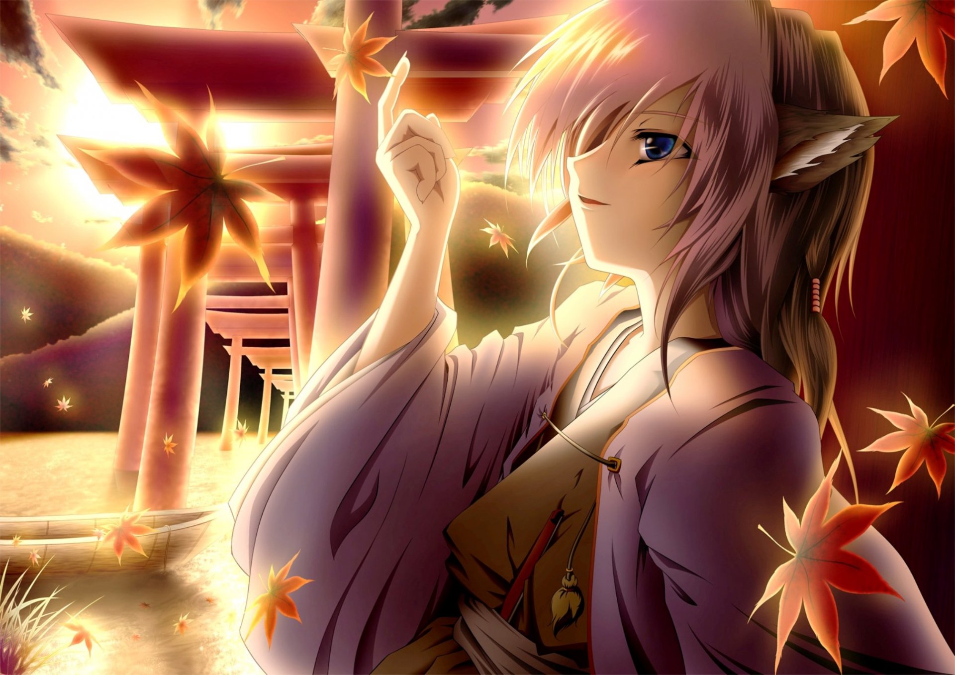 HD anime desktop wallpaper featuring Mystia Lorelei from Touhou, surrounded by glowing autumn leaves and traditional Japanese torii gates in a warm, mystical setting.