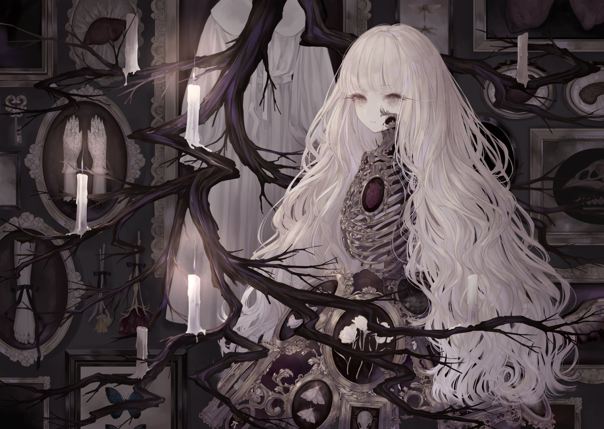 HD anime original wallpaper featuring a pale, ethereal figure with long white hair and skeletal details, surrounded by dark twisted branches and glowing candles.