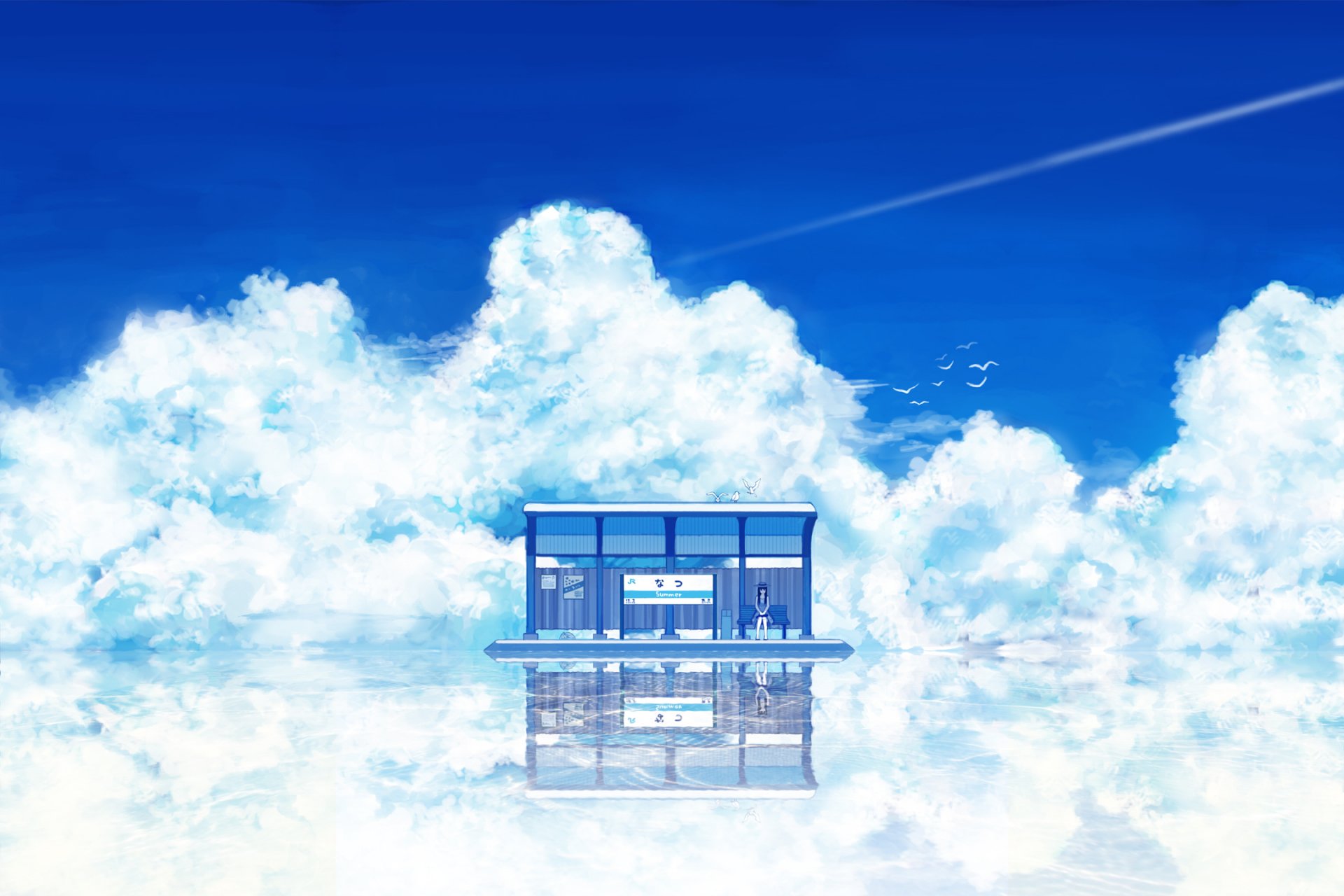 A serene anime landscape featuring a modern building set among fluffy white clouds against a bright blue sky. This HD wallpaper evokes a tranquil, dreamlike atmosphere.