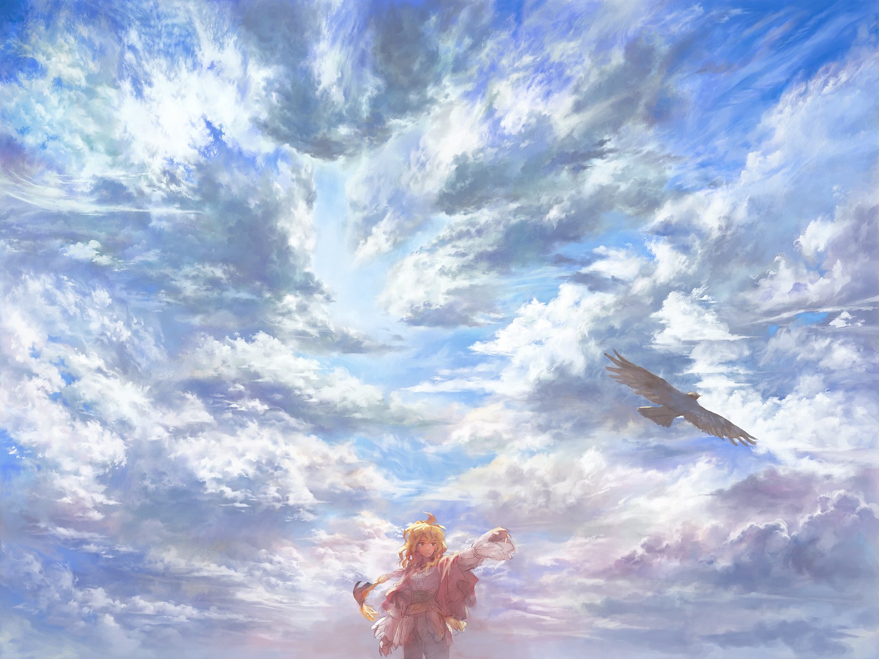 A vibrant anime landscape featuring dramatic clouds and a character in the foreground, creating an inspiring HD desktop wallpaper and background.