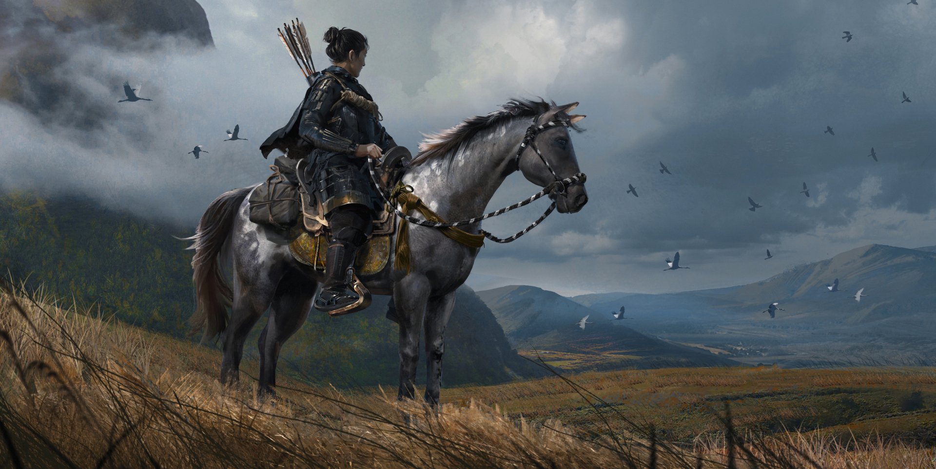 HD PC desktop wallpaper featuring a scene from the video game Ghost of Tsushima with a warrior on horseback overlooking a vast, moody landscape.