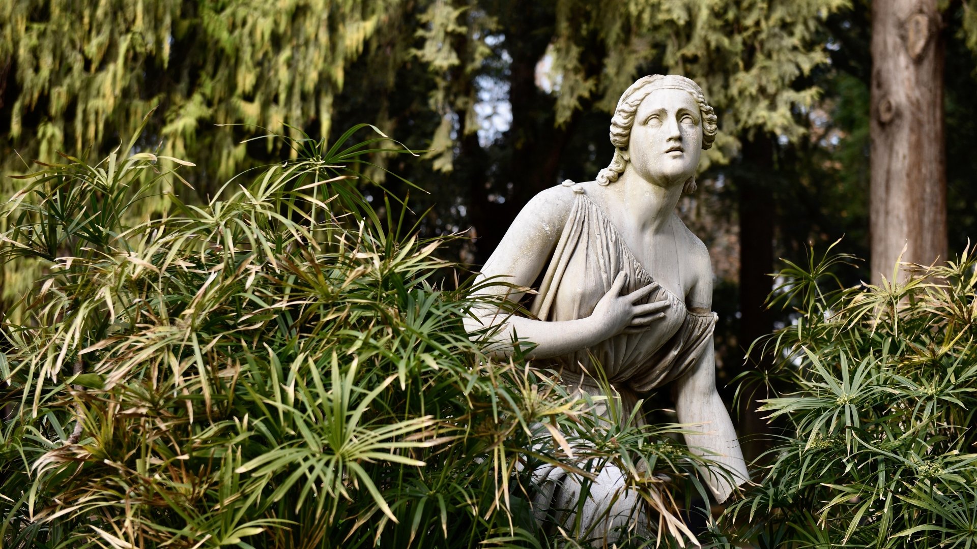 Antique man-made garden sculpture partially hidden among lush greenery, captured in vivid detail for a 4K Ultra HD PC desktop wallpaper.