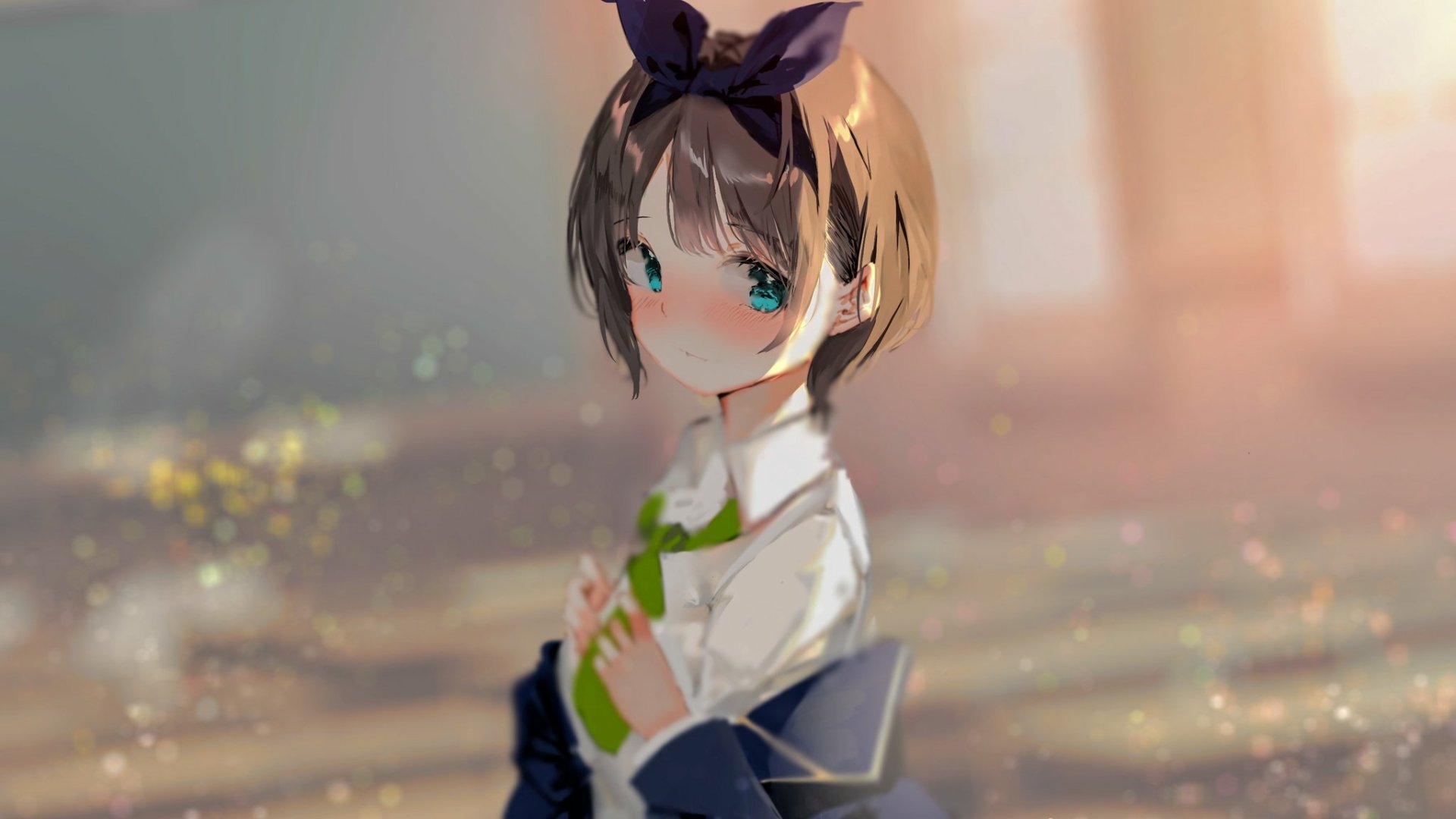 HD desktop wallpaper of Ruka Sarashina from the anime Rent-A-Girlfriend, smiling in a school uniform with a green ribbon, brown hair, and blue eyes against a blurred background.