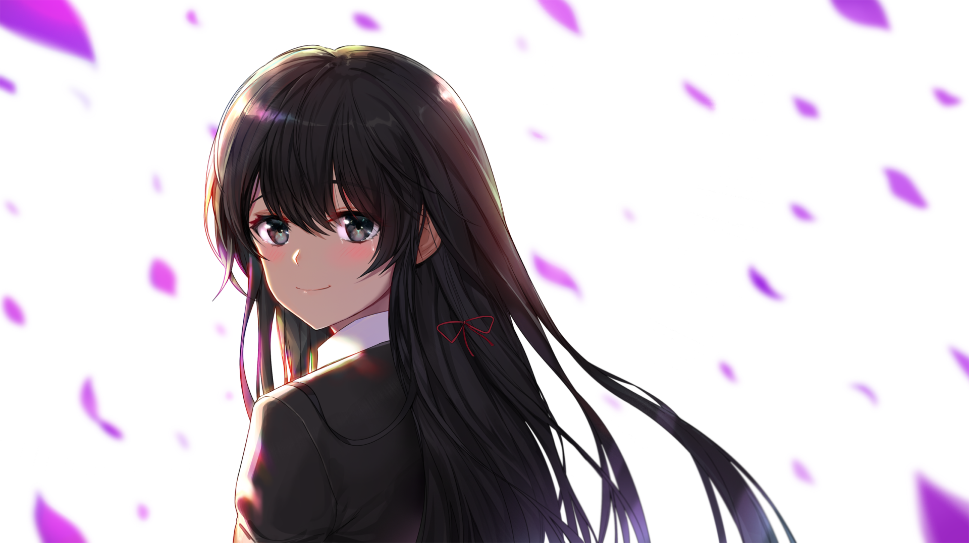2K Quad HD PC wallpaper of Yukino Yukinoshita (My Teen Romantic Comedy SNAFU): anime portrait in a school uniform with long black hair, soft backlight and falling petals.