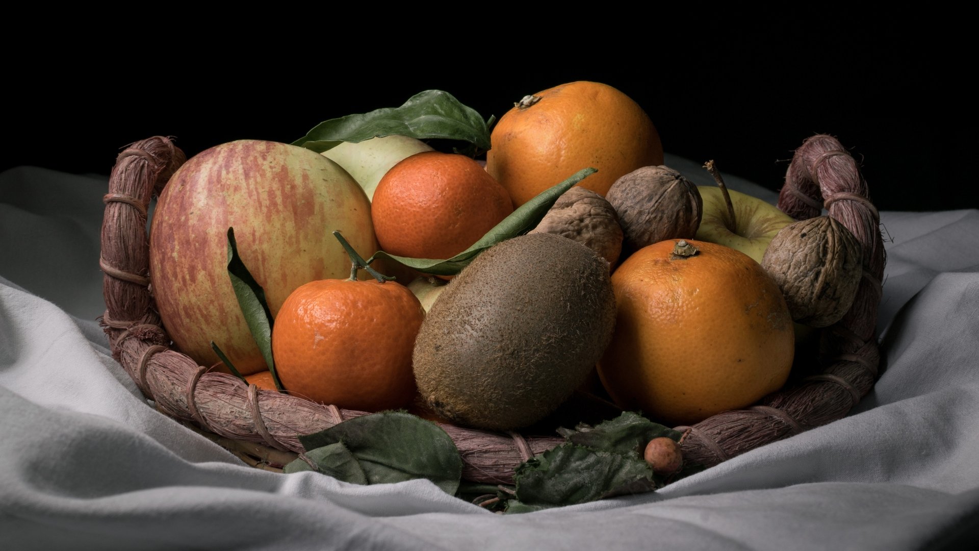 Download Walnut Mandarin Kiwi Apple Orange (Fruit) Food Still Life 4k Ultra HD Wallpaper