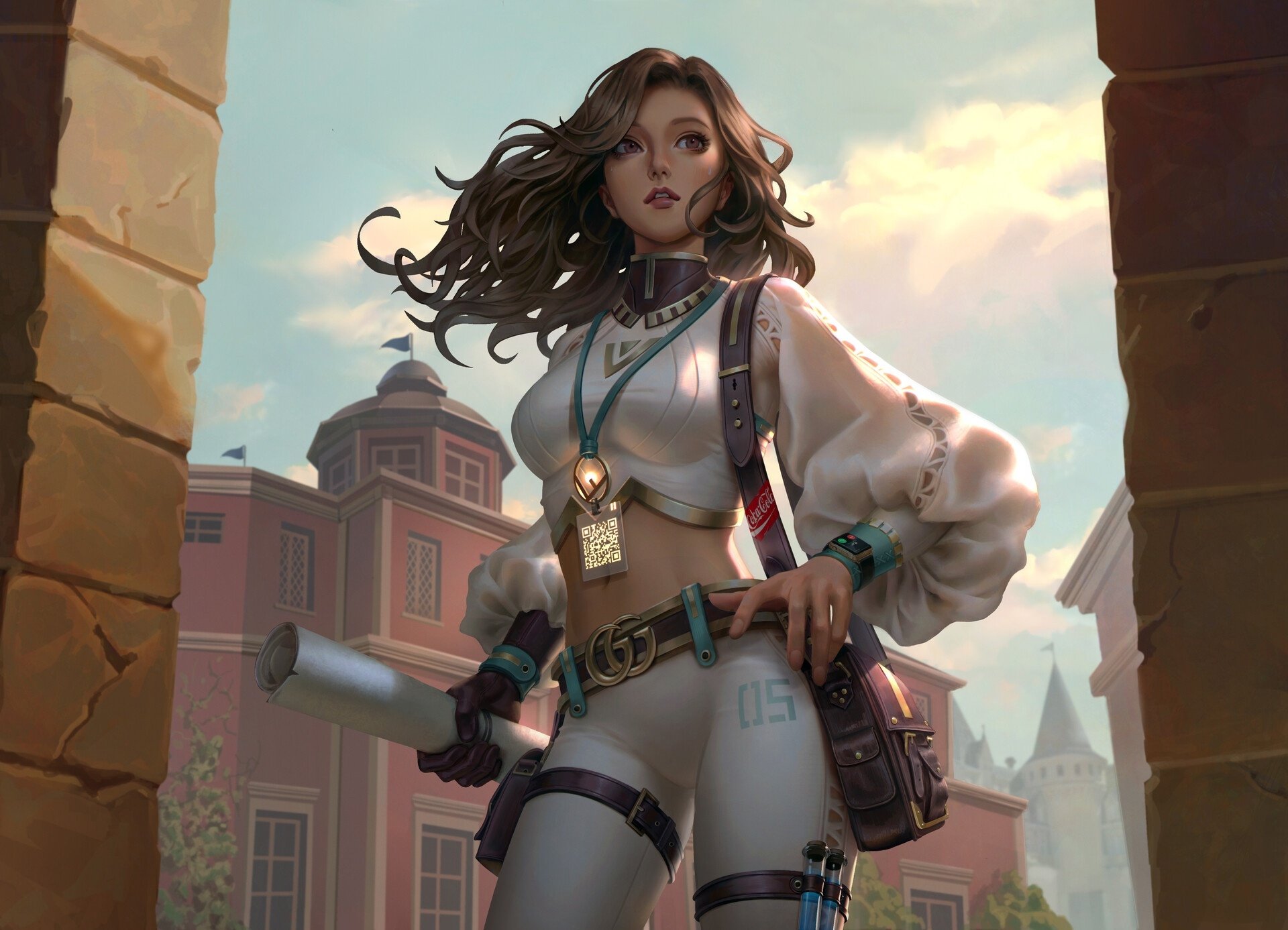 A fantasy-themed HD desktop wallpaper featuring a confident brown-haired woman in detailed attire, set against a historic cityscape at sunset.