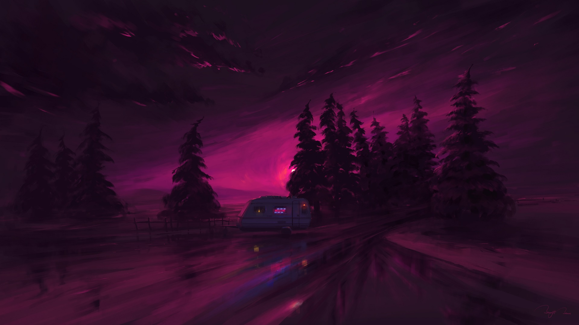 Artistic HD desktop wallpaper featuring a purple night sky with a van driving along a forested road, creating a moody and immersive nighttime scene.