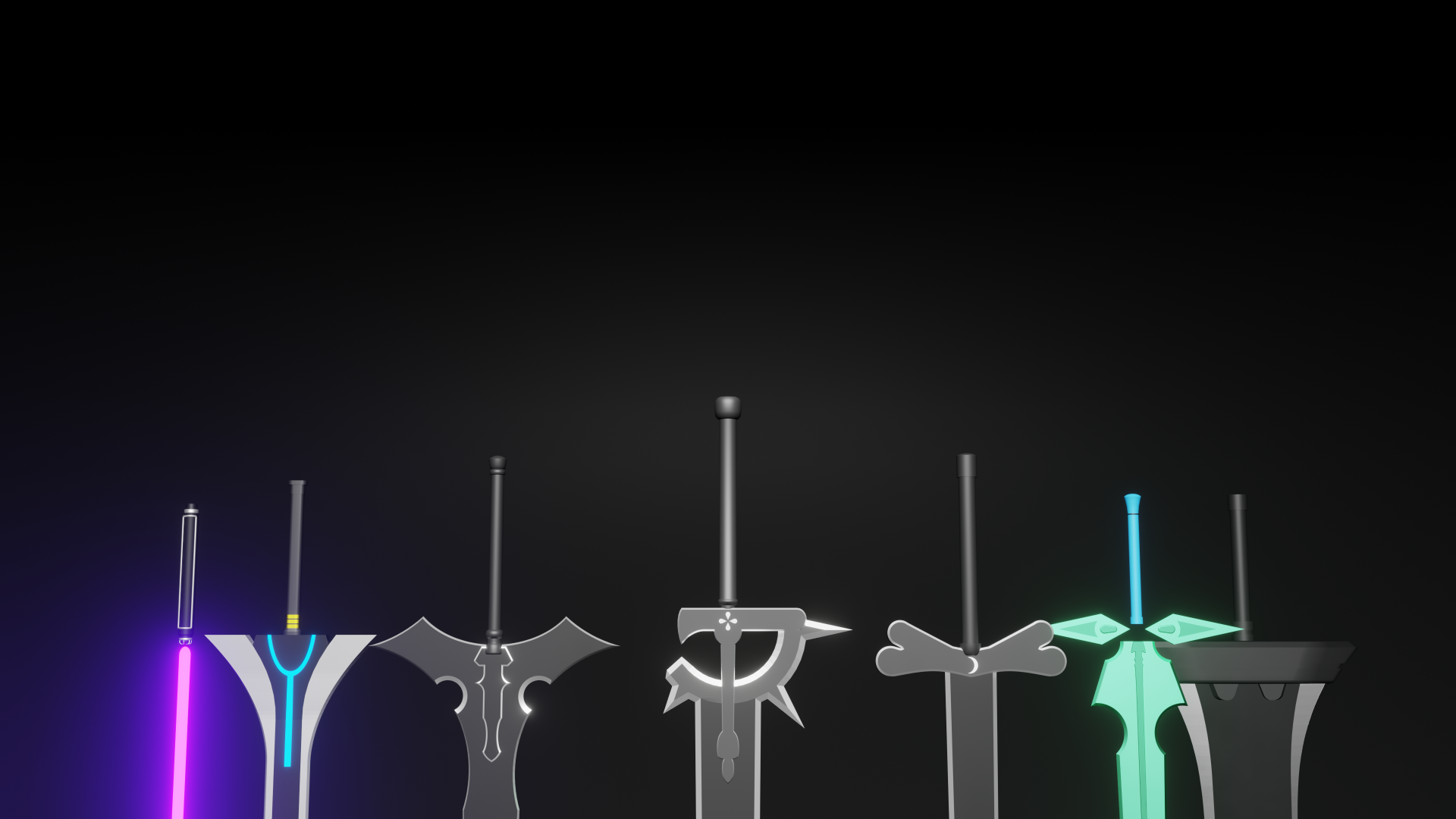 4K Ultra HD PC wallpaper featuring a lineup of iconic swords from the anime Sword Art Online against a dark gradient background.
