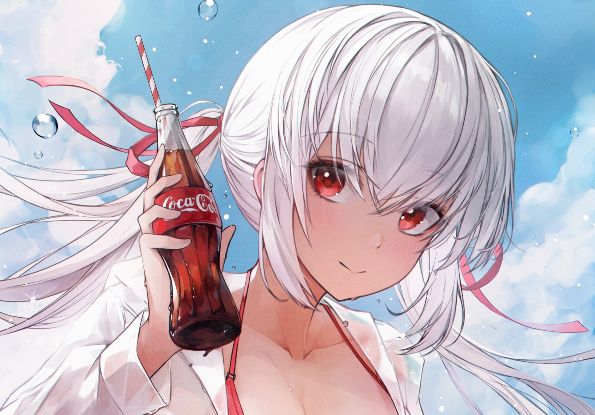 Anime-style character with white hair and red eyes holding a Coca-Cola bottle against a bright blue sky, featured as a vibrant HD PC desktop wallpaper.