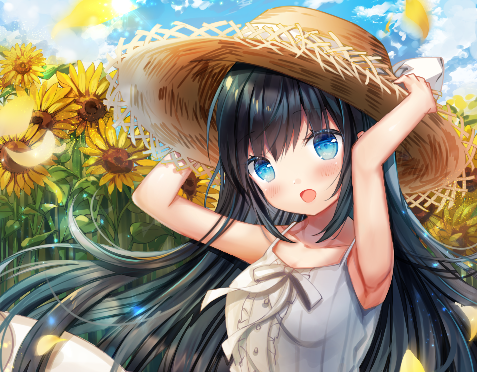 Anime original 2K Quad HD PC wallpaper: black-haired girl with blue eyes in a straw hat among sunflowers beneath a bright summer sky.