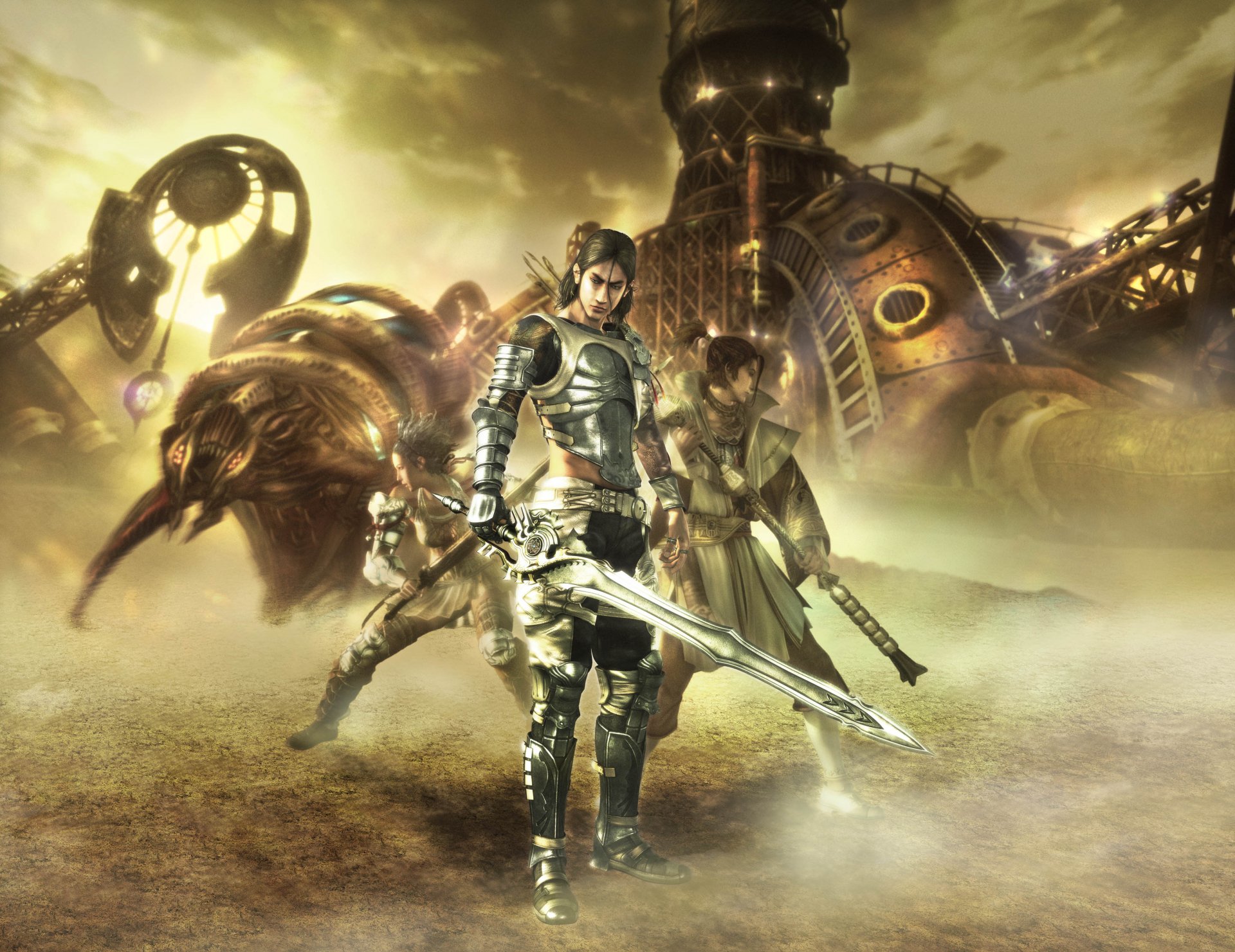 2K Quad HD PC desktop wallpaper of the video game Lost Odyssey: three armored characters with swords stand in a misty, mechanical desert before giant clockwork machinery.