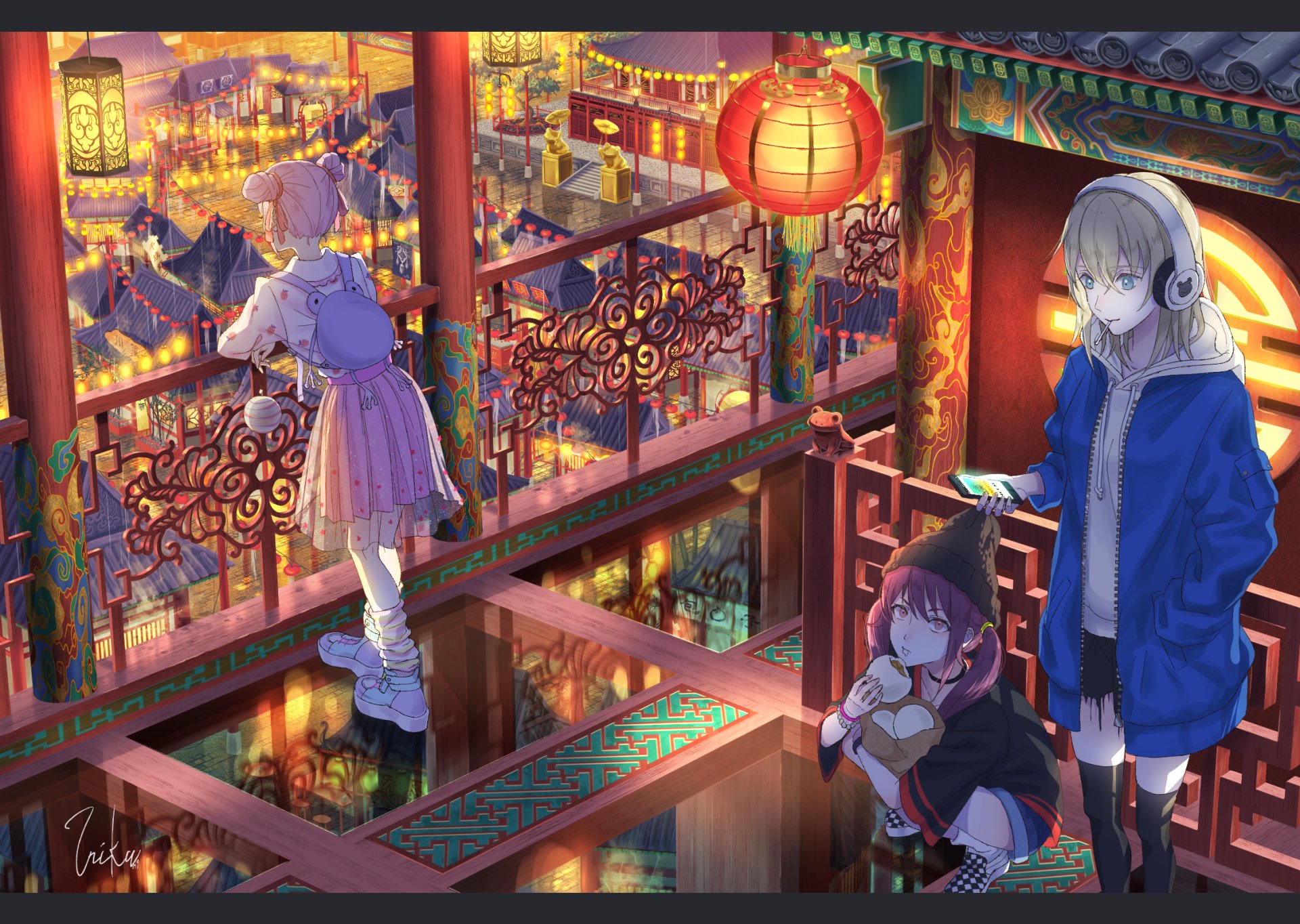 Original anime HD PC desktop wallpaper and background: three girls on an ornate, lantern-lit balcony overlooking a glowing night city; one wears headphones amid intricate railings and neon lights.