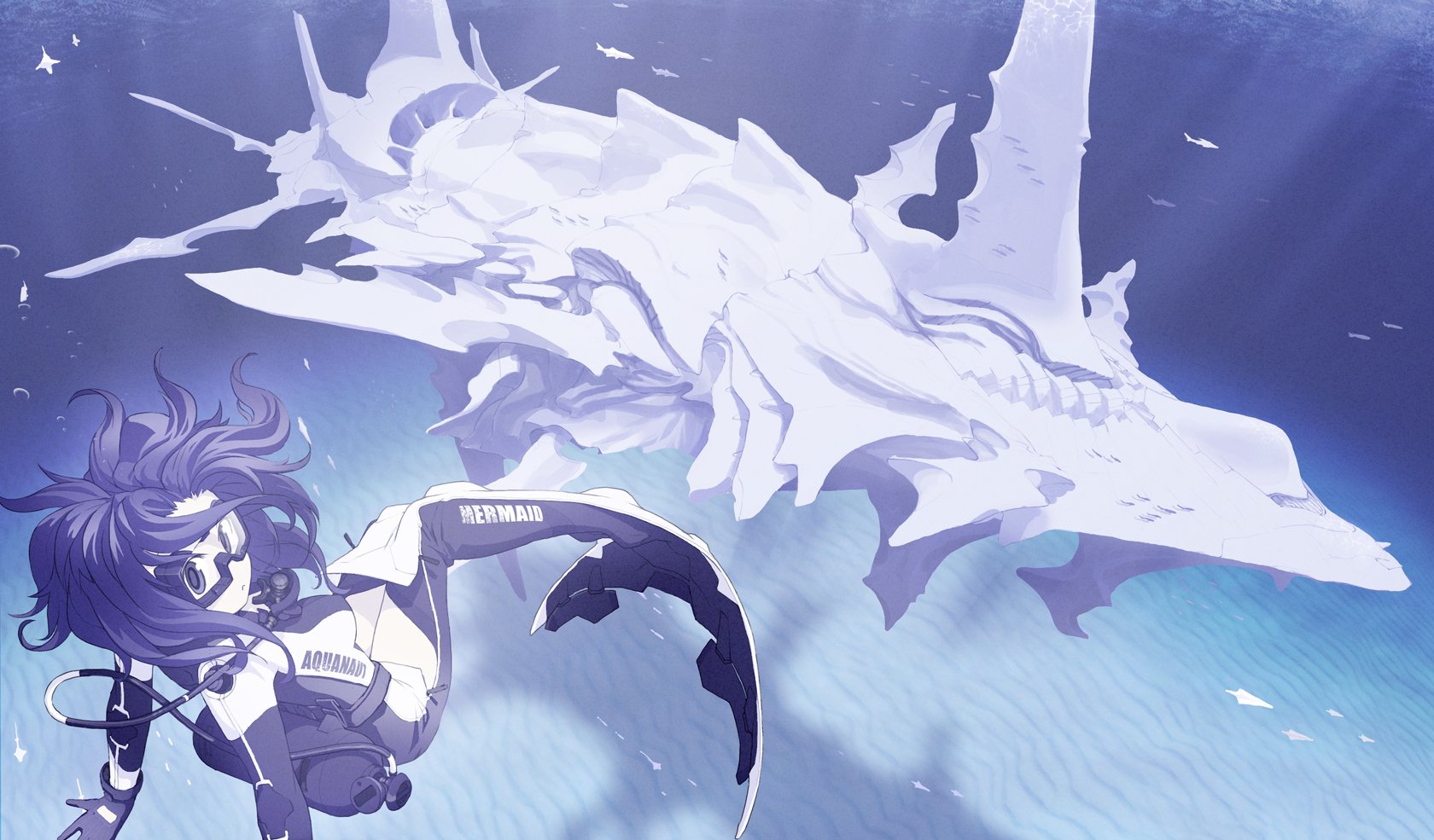 HD fantasy PC desktop wallpaper: a purple-haired mermaid swims beside a translucent skeletal whale-like sea spirit beneath sunlit blue waters.