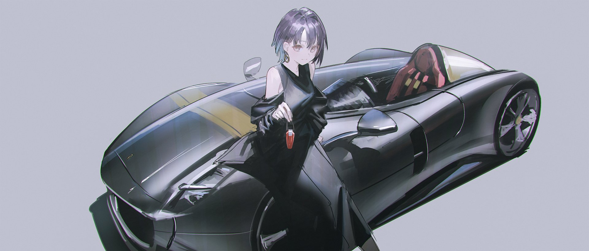 2K Quad HD PC desktop wallpaper: original anime car scene — a sleek black sports car with an anime girl in a black dress holding a red key fob against a muted gray background.