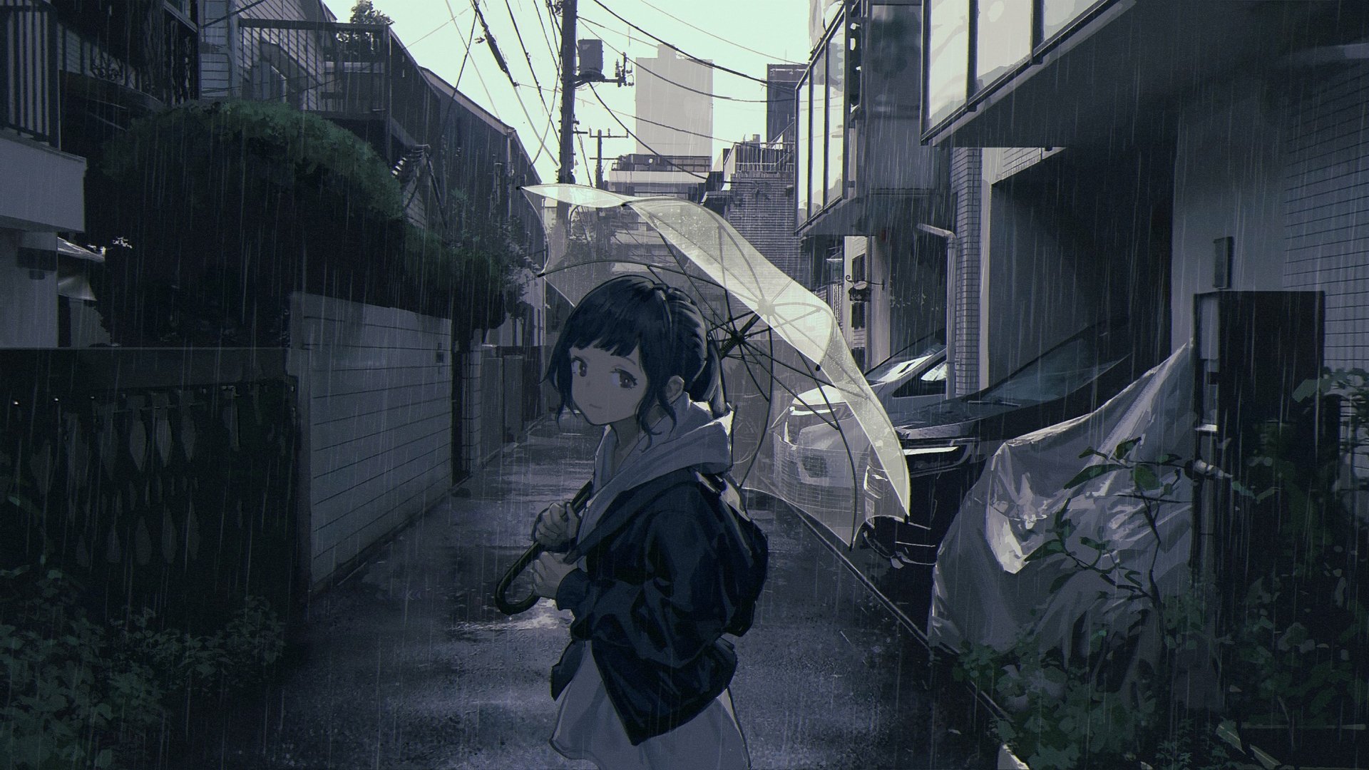 Anime girl holding a transparent umbrella walking through a rain-soaked urban alleyway, depicted in high-definition, capturing a moody rain atmosphere in an HD PC desktop wallpaper.
