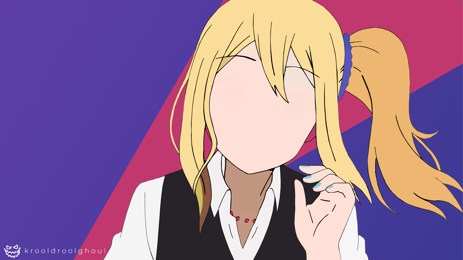 Minimalist 4K Ultra HD anime wallpaper of Ai Hayasaka from Kaguya-sama: Love is War, featuring clean lines and vibrant colors on a solid purple background.
