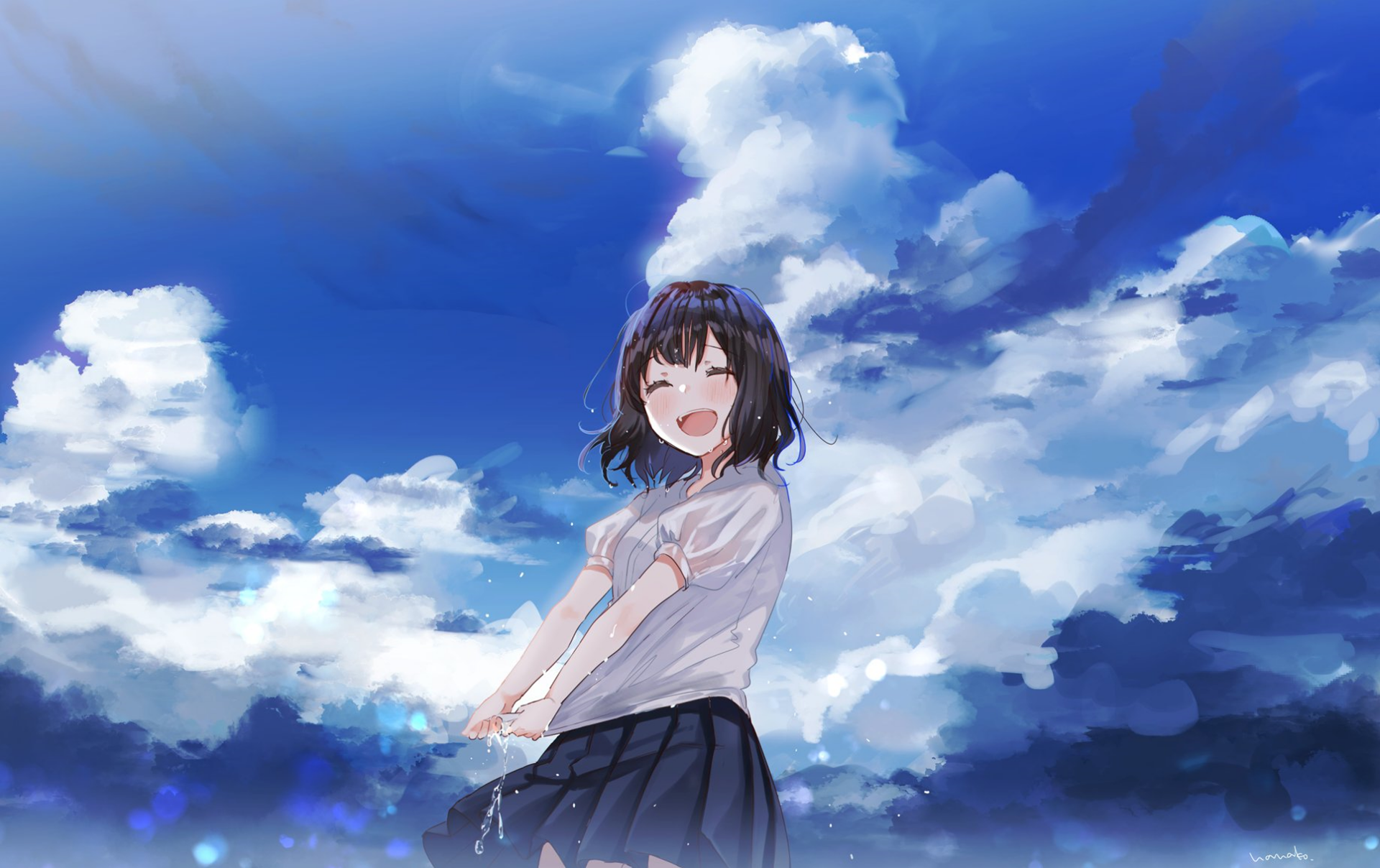 Anime original HD PC desktop wallpaper/background: a smiling schoolgirl in white blouse and navy skirt laughing beneath a vivid blue sky with billowing clouds.