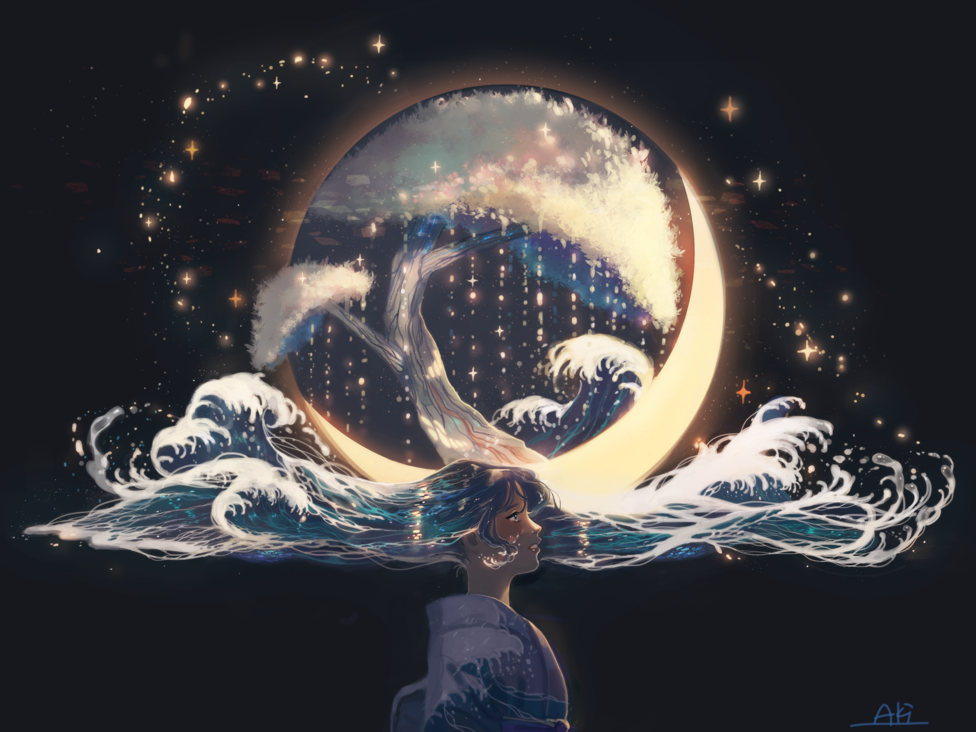 Anime-style 4K Ultra HD desktop wallpaper featuring an original artwork of a crescent moon blending into ocean waves with a dreamy, starry night sky background.