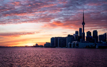 Toronto skyline at sunset with the CN Tower silhouetted against a vibrant sky, captured in stunning 4K Ultra HD for a striking man-made cityscape wallpaper.